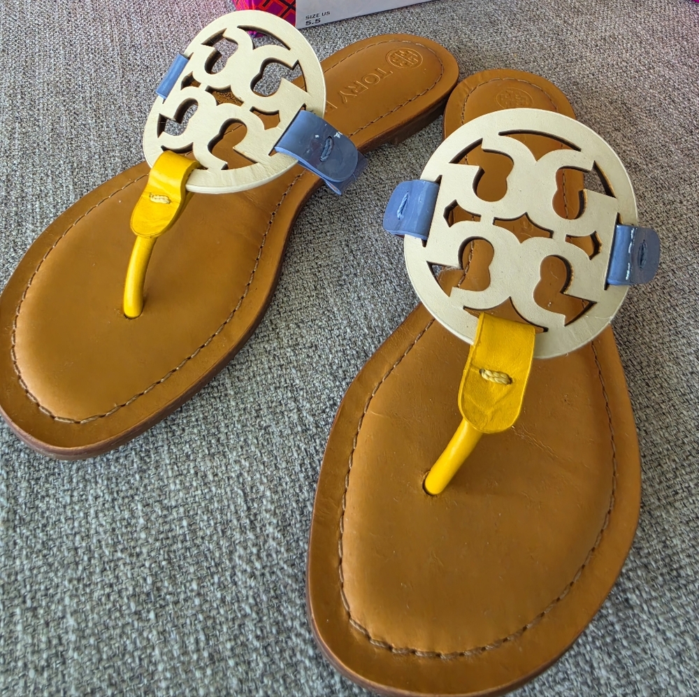 Tory Burch Tan & Yellow Miller Logo Thong Sandals